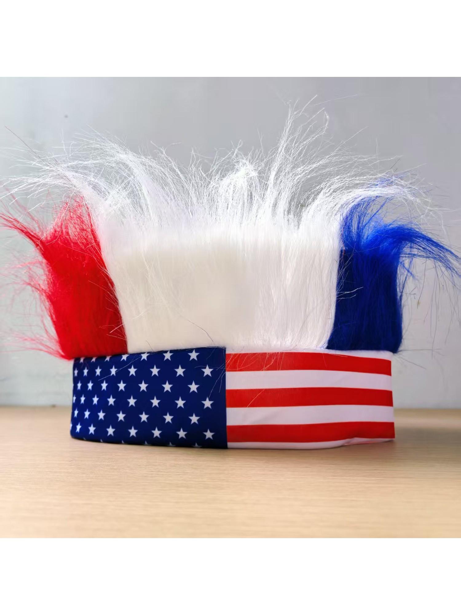 American Flag Fan Wig Hat Headband Independence Day Party Cheerleader Accessory, Patriotic Usa Hair Curl Straight Design, All Seasons Wear
