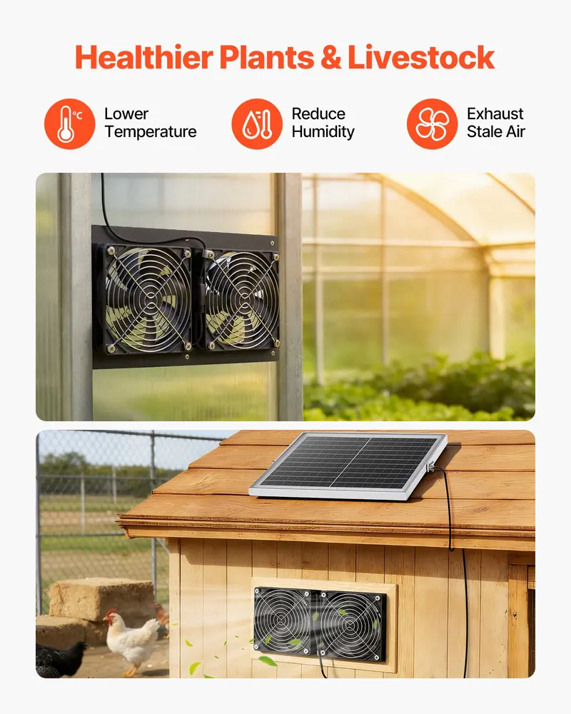 VEVOR Solar Powered Fan with 15W Output Solar Panel, 2 Fans, Adjustable Angle, 2668 RPM High-Speed, Brackets Screws for Roof-Wall-Ground Installation, Metal Guard, 3.86 lbs, 11.81x6.30x1.50 in (300x160x38 mm), Fast Air Exchange for Greenhouses VEVOR Solar Powered Fan with 15W Output Solar Panel, 2 Fans, Adjustable Angle, 2668 RPM High-Speed, Brackets Screws for Roof-Wall-Ground Installation, Metal Guard, 3.86 lbs, 11.81x6.30x1.50 in (300x160x38 mm), Fast Air Exchange for Greenhouses