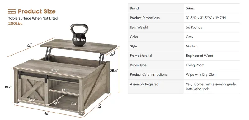 Sikaic 31.5" Lift Top Coffee Table with Storage, Farmhouse Square Coffee Table with Large Hidden Storage Compartment, Adjustable Shelves, Center Table for Living Room, Grey, Home Furniture Christmas Gifts [TiktokShopFallDealsForYou]