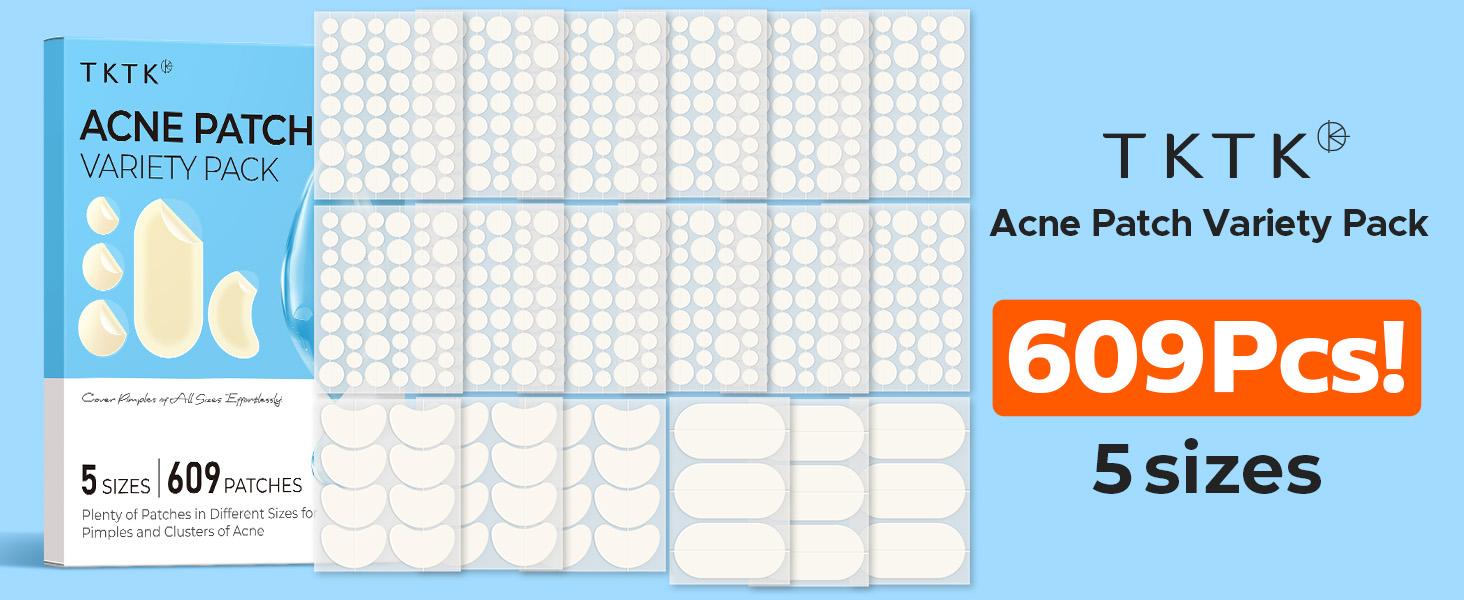 TKTK 609 Count Pimple Patches for Face, Hydrocolloid Acne Patch Bulk, Acne Stickers for Covering Cheeks, Forehead, Chin Blemishes Zit Breakouts for All Skin Types (Dots, Strip, Contoured 5 Sizes) mothersdaygift  #Summervibes tiktokshopspringglowup