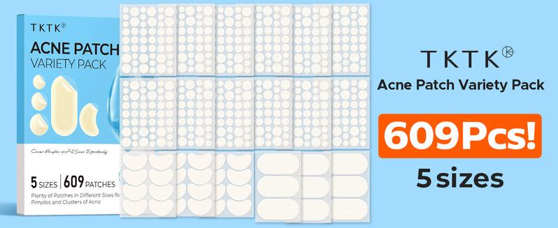 TKTK 609 Count Pimple Patches for Face, Hydrocolloid Acne Patch Bulk, Acne Stickers for Covering Cheeks, Forehead, Chin Blemishes Zit Breakouts for All Skin Types (Dots, Strip, Contoured 5 Sizes)