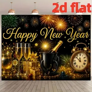 Happy New Year Background Banner, Text, Polyester Material, Party Supplies, Holiday Celebrations, Multiple Sizes Available