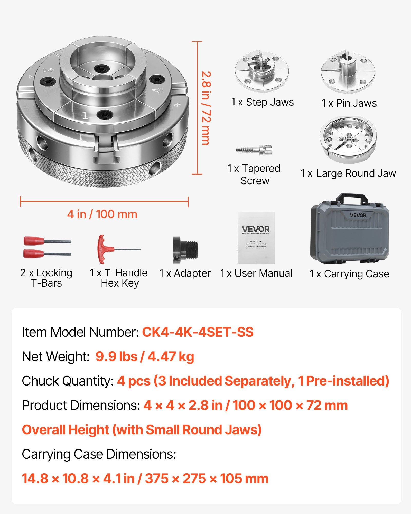 VEVOR 4 Inch Wood Lathe Chuck, 4-Jaw, Self-Centering Wood Turning Chuck Set with 1" x 8TPI Thread & Adapter, 4 PCS Round/Step/Pin Jaws, Case, Nickel-Plated, High-Hardness Steel, for Woodworking Lathe VEVOR 4 Inch Wood Lathe Chuck, 4-Jaw, Self-Centering Wood Turning Chuck Set with 1" x 8TPI Thread & Adapter, 4 PCS Round/Step/Pin Jaws, Case, Nickel-Plated, High-Hardness Steel, for Woodworking Lathe