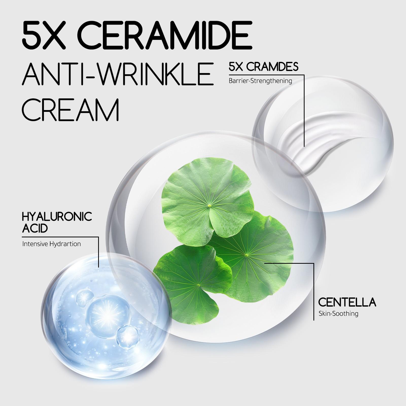 Ceramide Repair Anti-Wrinkle Face Cream, Deep Hydration, Fade Fine Lines, Improve Dark Circles, Gentle on Skin, 50g, Contains Ceramide, Centella, Ha