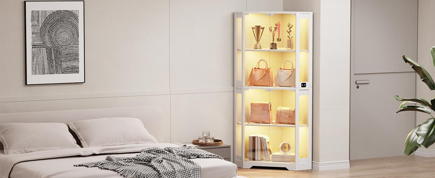 MIIFUNY Corner Display Cabinet with Glass Doors, 65" Lighted Curio Display Case with 3 Color Lights for Collectibles, 4-Tier Bookcase with Human Body Sensor for Living Room, White