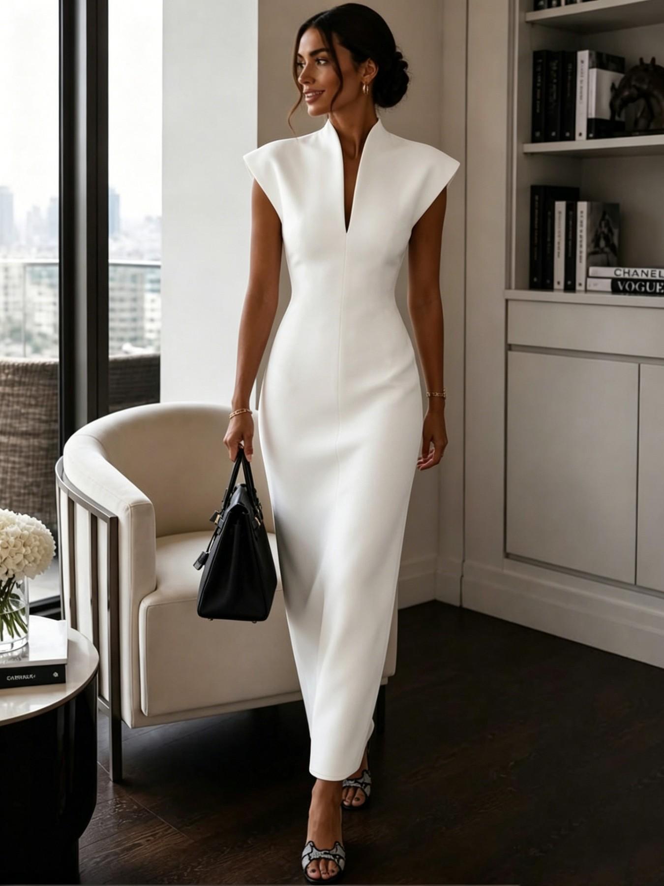 2026 Summer New Stand Collar V Neck Sleeveless High Waist Bodycon Dress, Solid Color Elegant Slimming Party Gown, Fashionable A-Line Skirt