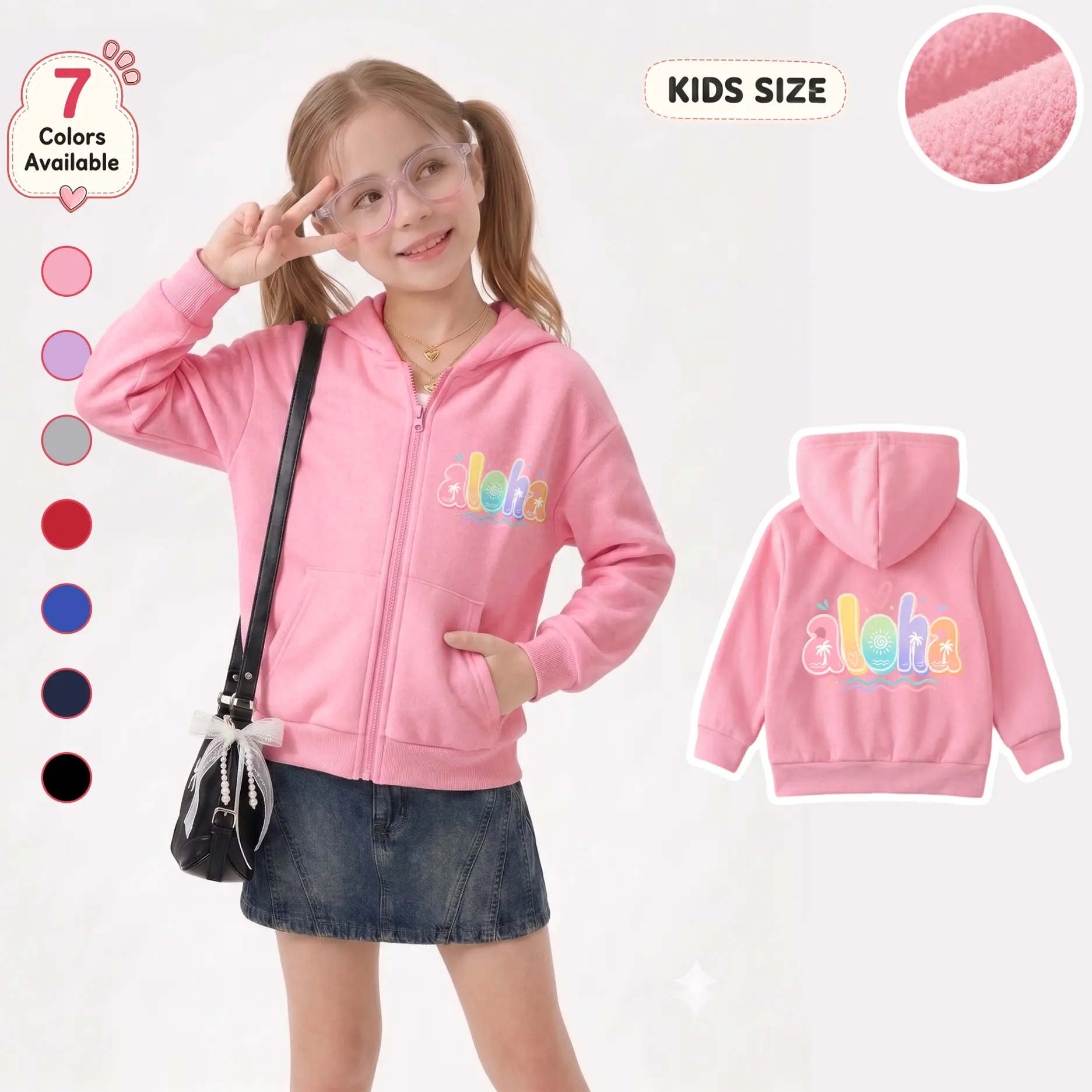 Girls’ Cute Aloha Graphic Zip-Up Hoodie, Tropical Palm Tree and Wave Statement Back Print Hooded Jacket with Practical Pockets for School, Family Vacation, Outdoor Play and Weekend Wear