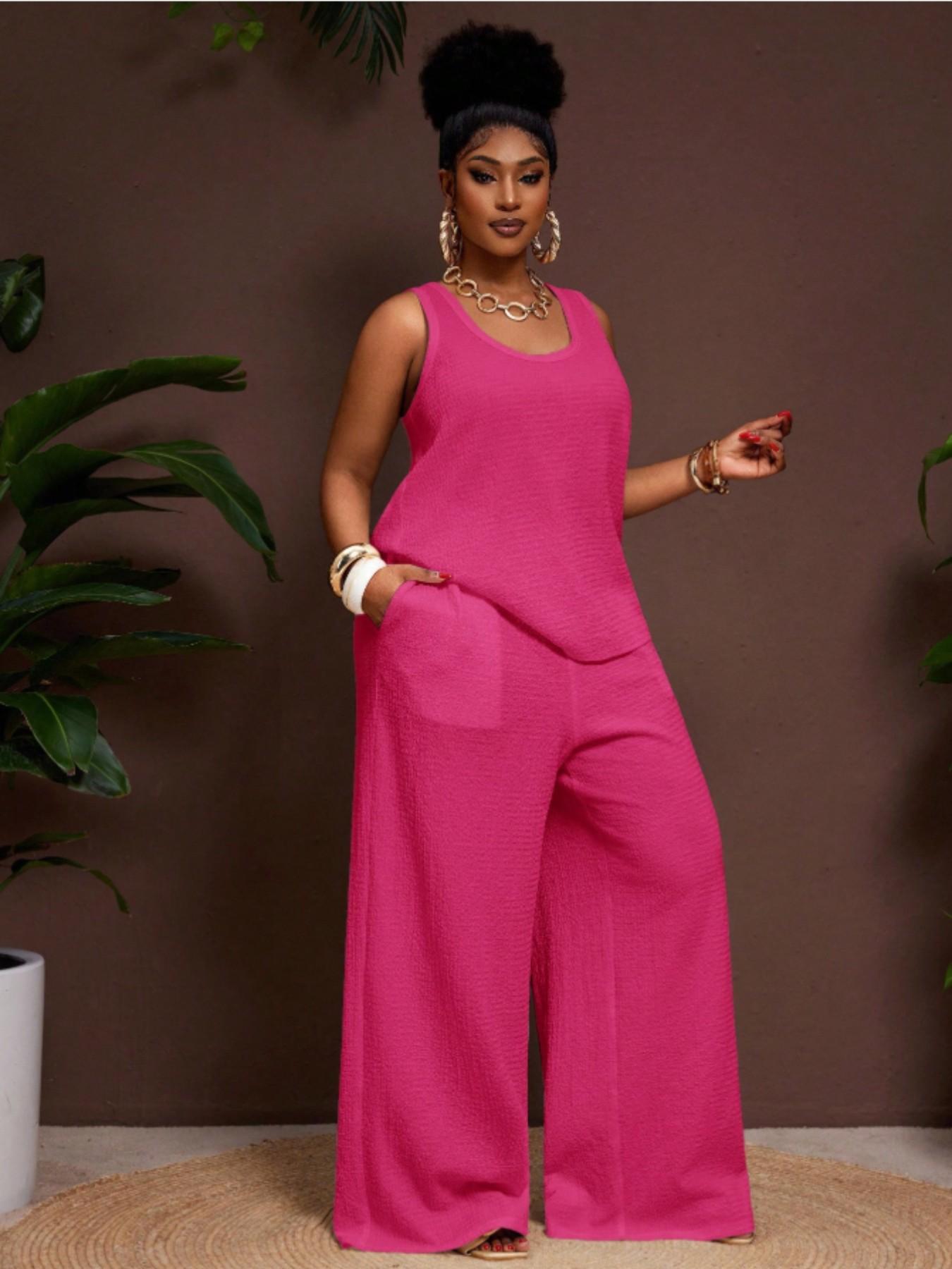 Women's Plus Size Womenswear Fashion Business Casual Vacation 2-Piece Set, Comfortable U-Neck Sleeveless Top with Pockets, Loose Fit Wide Leg Pants Clothes