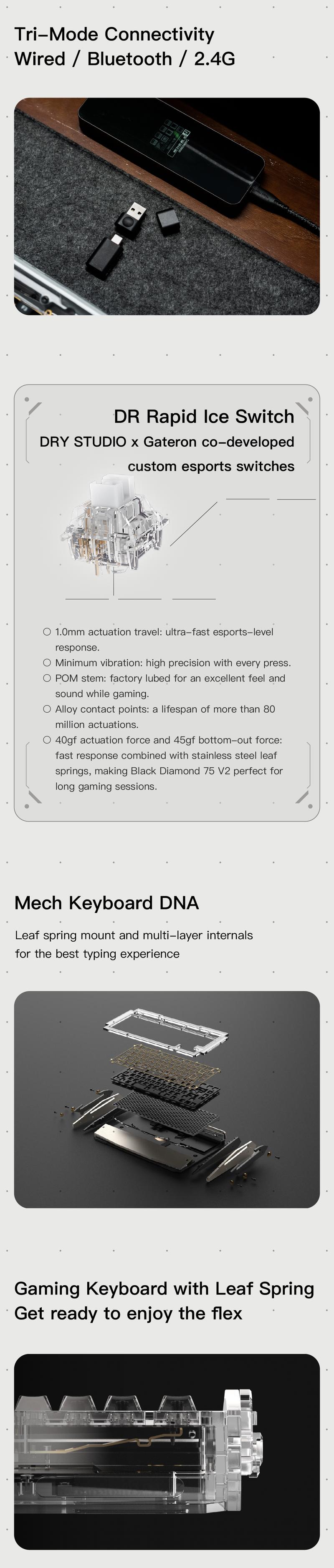 Black Diamond 75 V2 Mechanical Gaming Keyboard, 2.4G Wireless Low Latency, Leaf Spring Mount, Superb Typing Flex & Comfort, Custom RGB