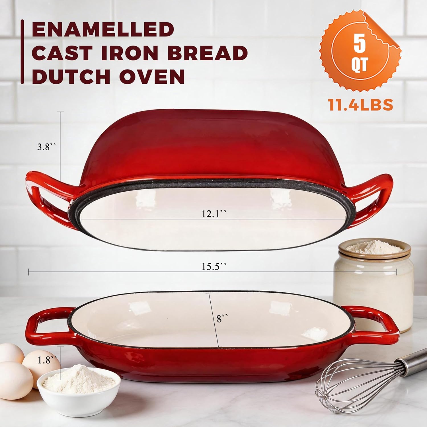 Oval Dutch Oven for Bread Baking, 12 x 8 Inch Cast Iron Bread Oven for homemade bread, Sourdough Dutch Oven Bread baking Pan for a Crispy Crust, 5QT, Cherry