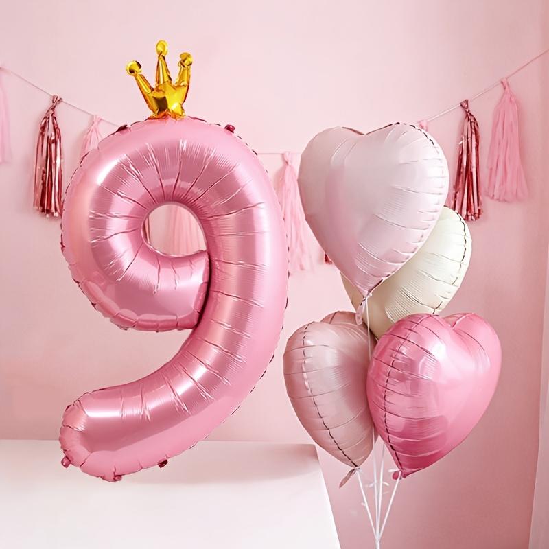 Pink number and heart-shaped balloon set, Birthday decorations, including balloons 1-9 with bow decoration and heart-shaped balloons - suitable for birthday parties, weddings, Valentine's Day decoration - pink party supplies
