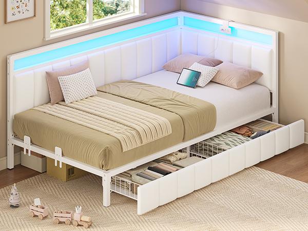 Hasuit | Corner Bed Frame with Storage Drawers Full Daybed with Line Fabric Upholstered Fence Kids Bed Unit with LED Light and Charging Station