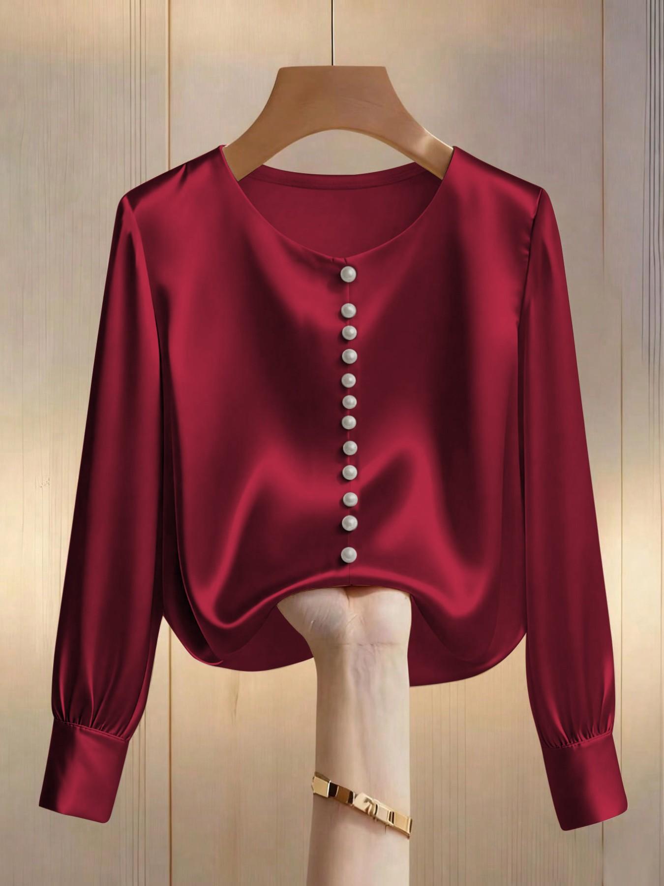 Women's Fashion Fitted Long Sleeve Top, Elegant Satin Round Neck Blouse, Suitable for Casual and Formal Office Commute