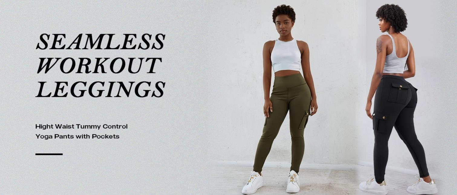 Women Cargo Pocket High Waist Leggings, Stretch Slim Fit Workout Pants, Casual Athletic Running Fitness Trousers