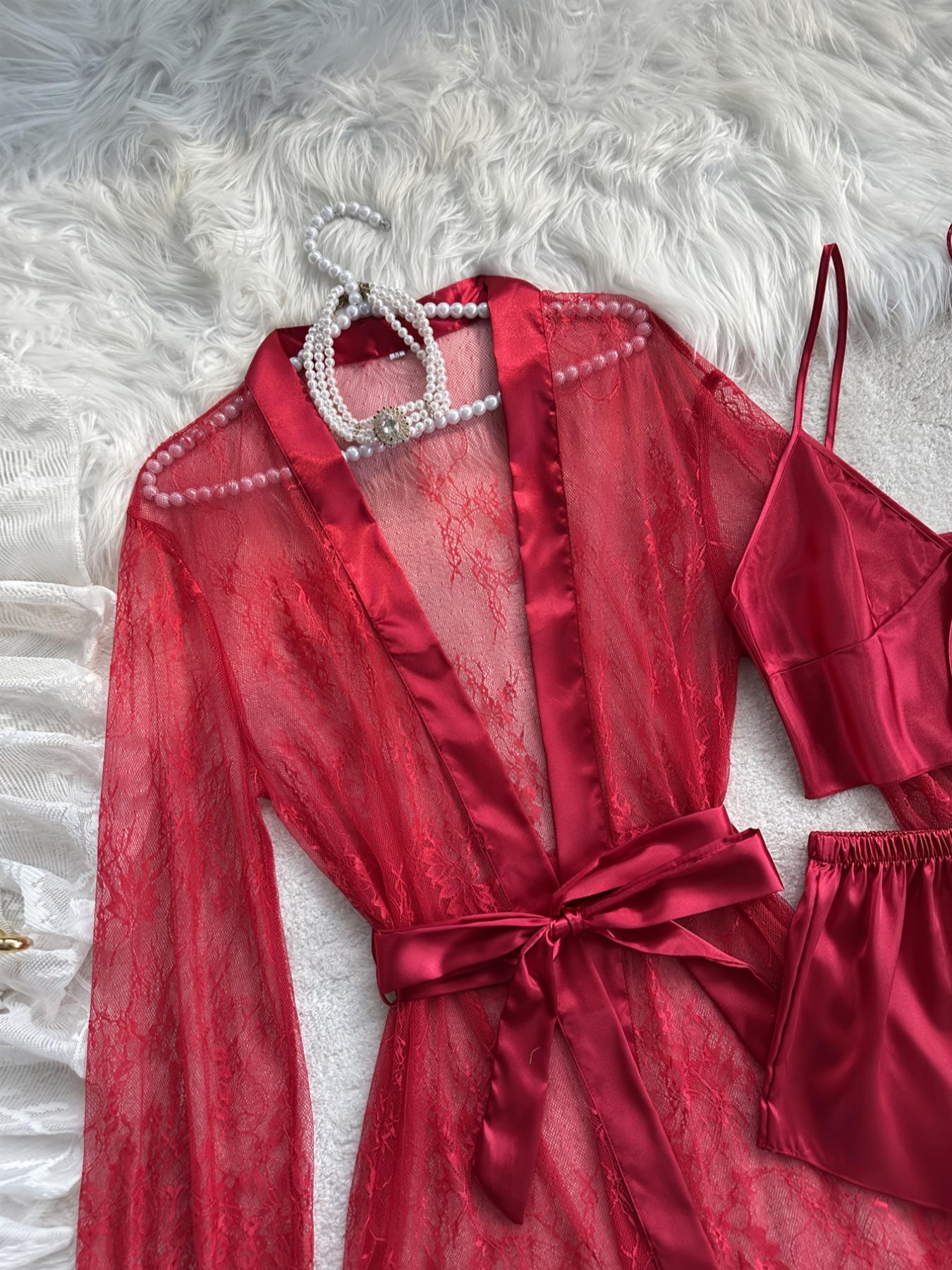 Women's Sheer Mesh Robe Lingerie Set, Sexy Plain Color Spaghetti Strap Shorts Three-Piece Suit, All-Season Fashion Sleepwear for Women