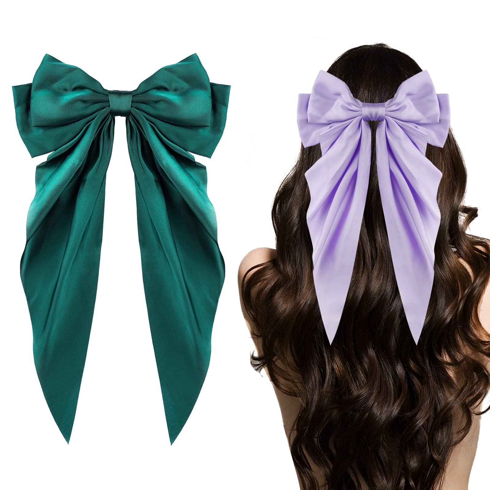 Big Bow Hair Accessories 2pcs - Long Tail French Satin Silky Barrettes for Women and Girls, Black, Burgundy, Red Bows for Birthday, Party, Show, hair clips Fashion
