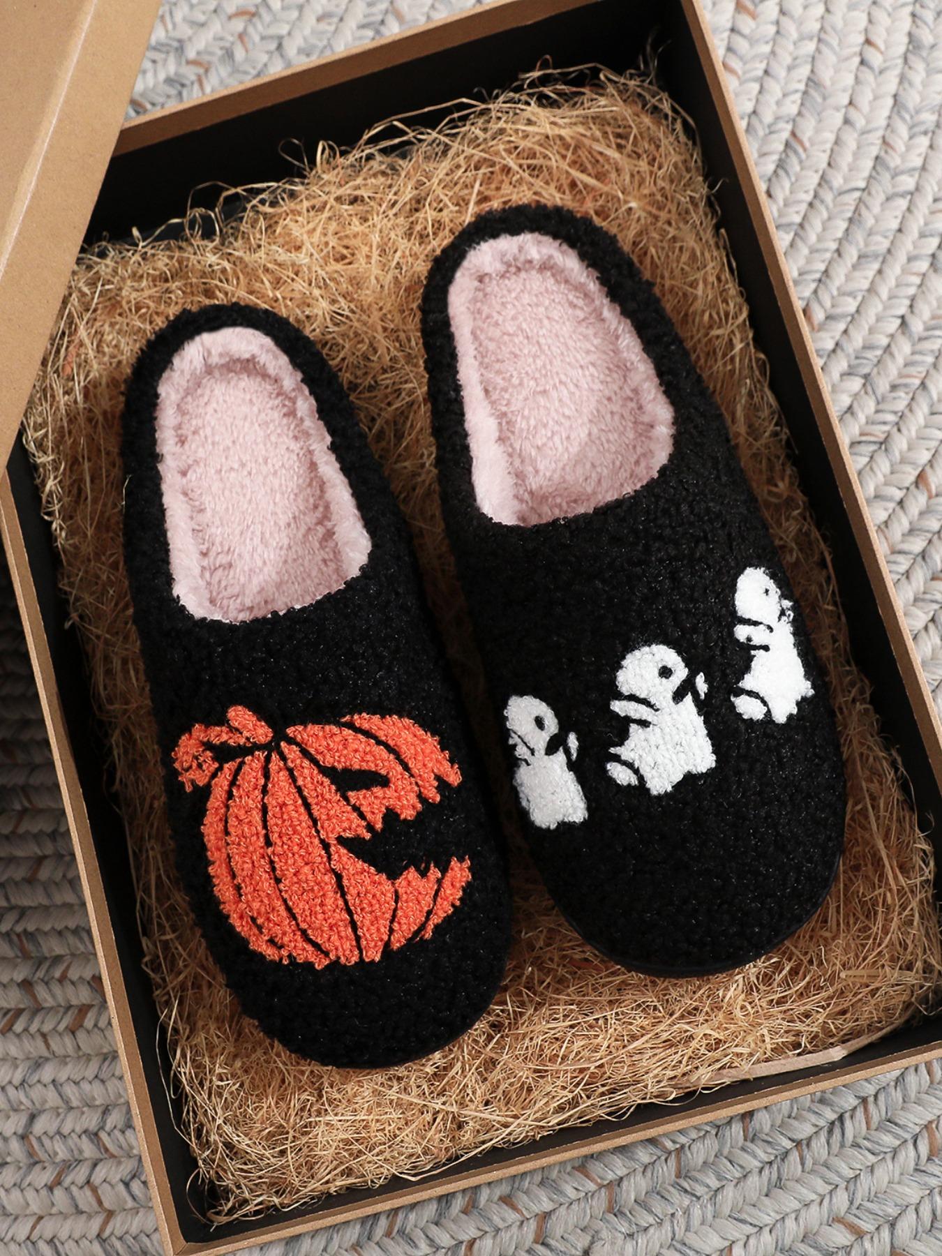 Halloween Pumpkin Ghost Embroidered Plush Slippers, Comfortable Indoor Home Shoes for Men & Women, Black
