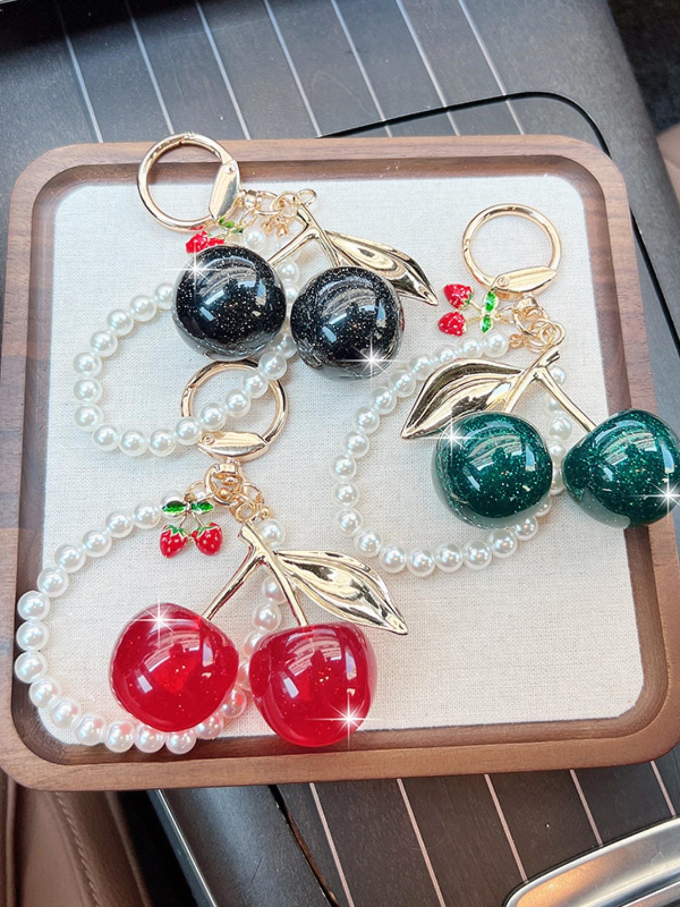 Women's Pearl Chain Sparkle Cherry Fashion Car Keychain, Creative Bag Decoration Charm, Stylish Key Ring Gift Choice, All Seasons, Keychain For Bags