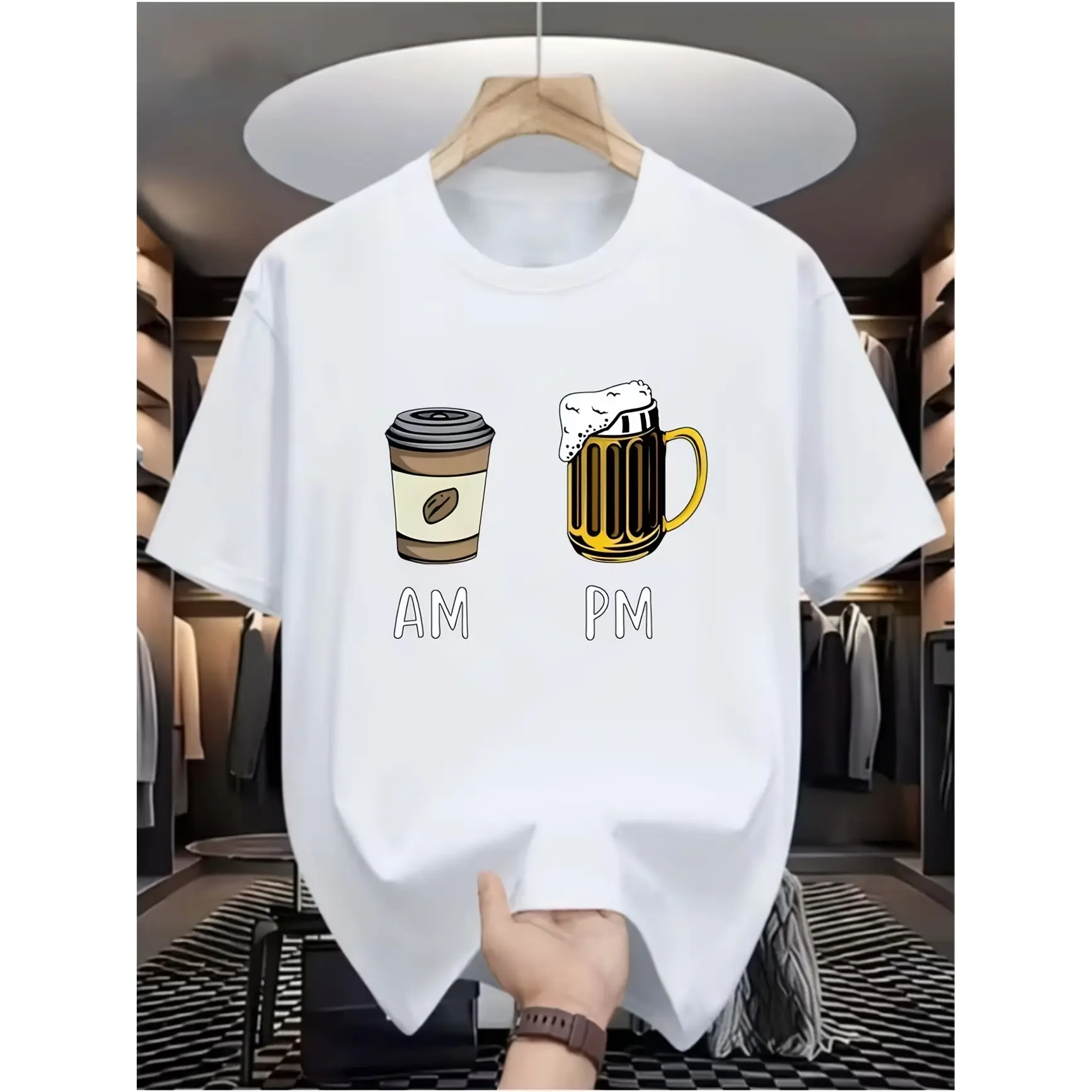 Coffee AM Beer PM Graphic Tee – "AM / PM" Coffee Cup & Beer Mug Contrast Illustration, Daily Humor Print, 100% Cotton Non-Washed Shirt, SummerVibes Ideal Gift For Coffee & Beer Lovers, Best Office Casual & Weekend Bar Outfit