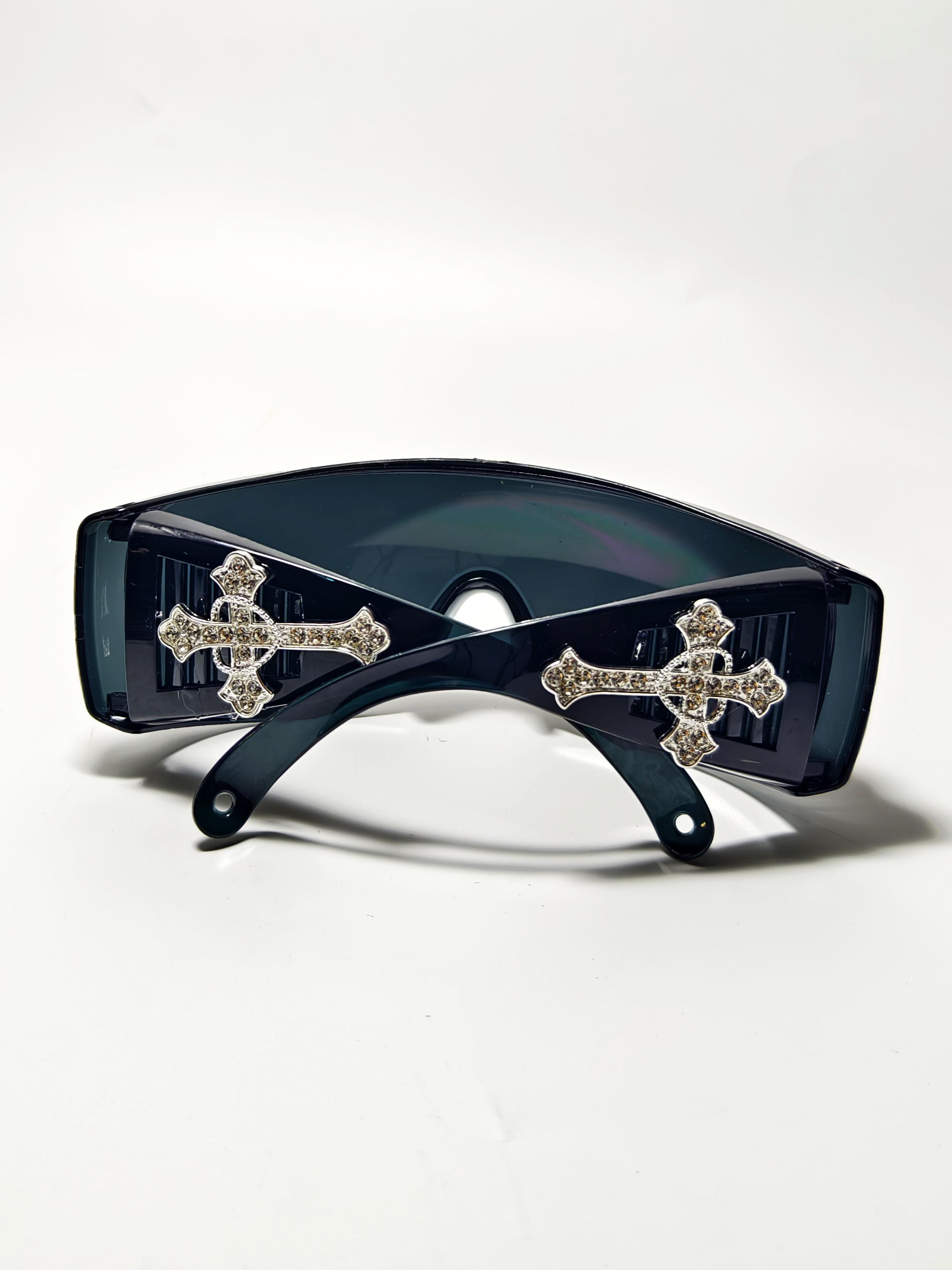 Men's Fashion Glasses with Rhinestone Cross Decoration, PC Lenses, UV Protection, Cat Eye Frame, Party Style, Includes Strap and Cloth, Trendy Sunglasses, Stylish Sunglasses, Fashionable Sunglasses