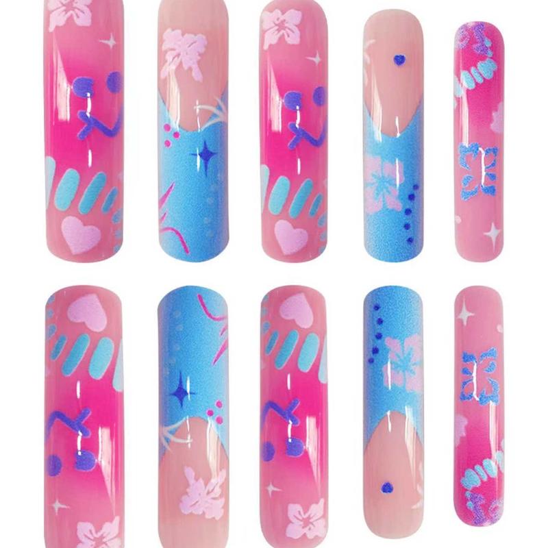 20-Piece Medium Length Press-On Nails Set, Sweet Blue Floral Design with Glossy Finish, Easy to Wear Curved Shape Nail Art for Girls
