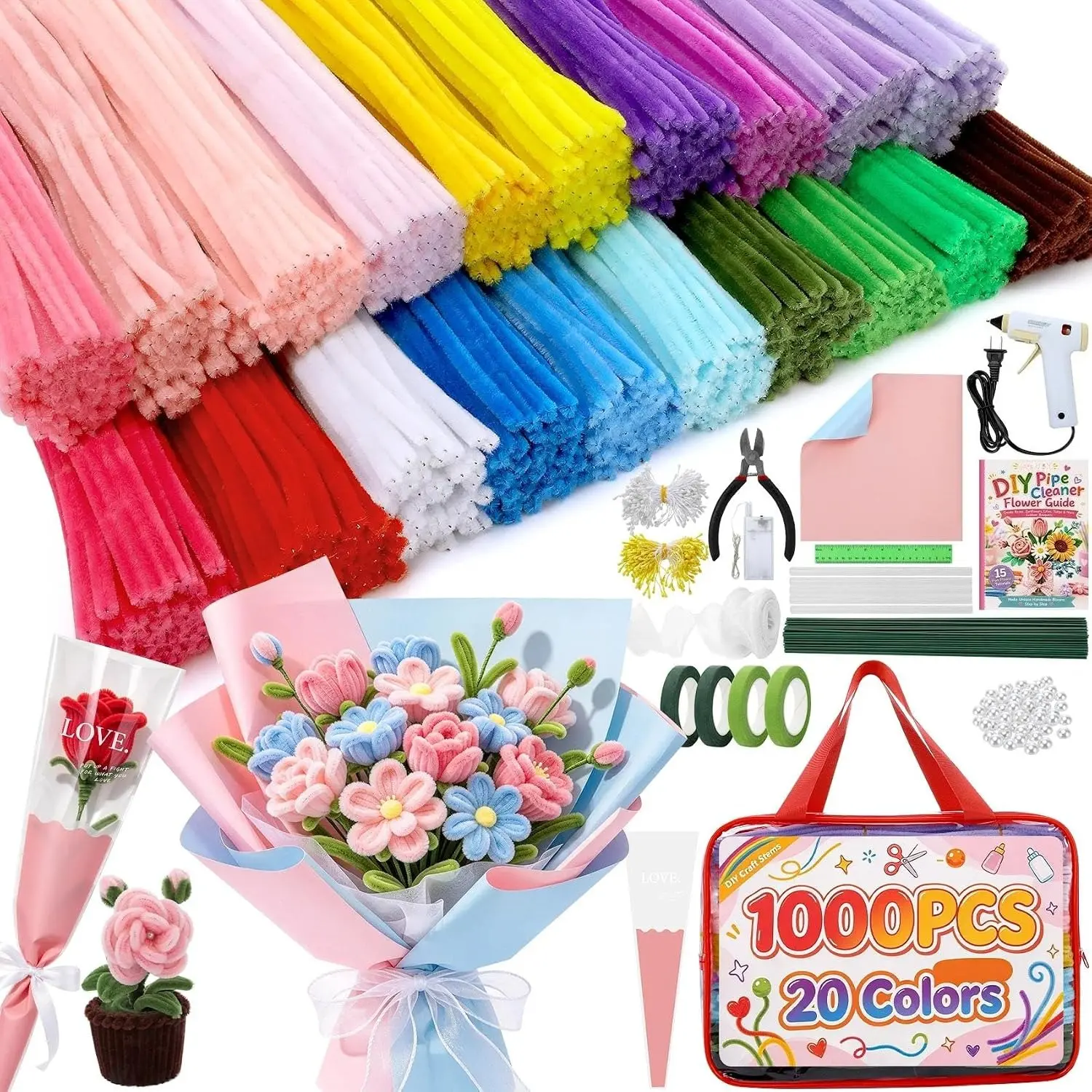 20-Color 1000 Pcs Pipe Cleaner Flower Kit with Manual for Craft Projects