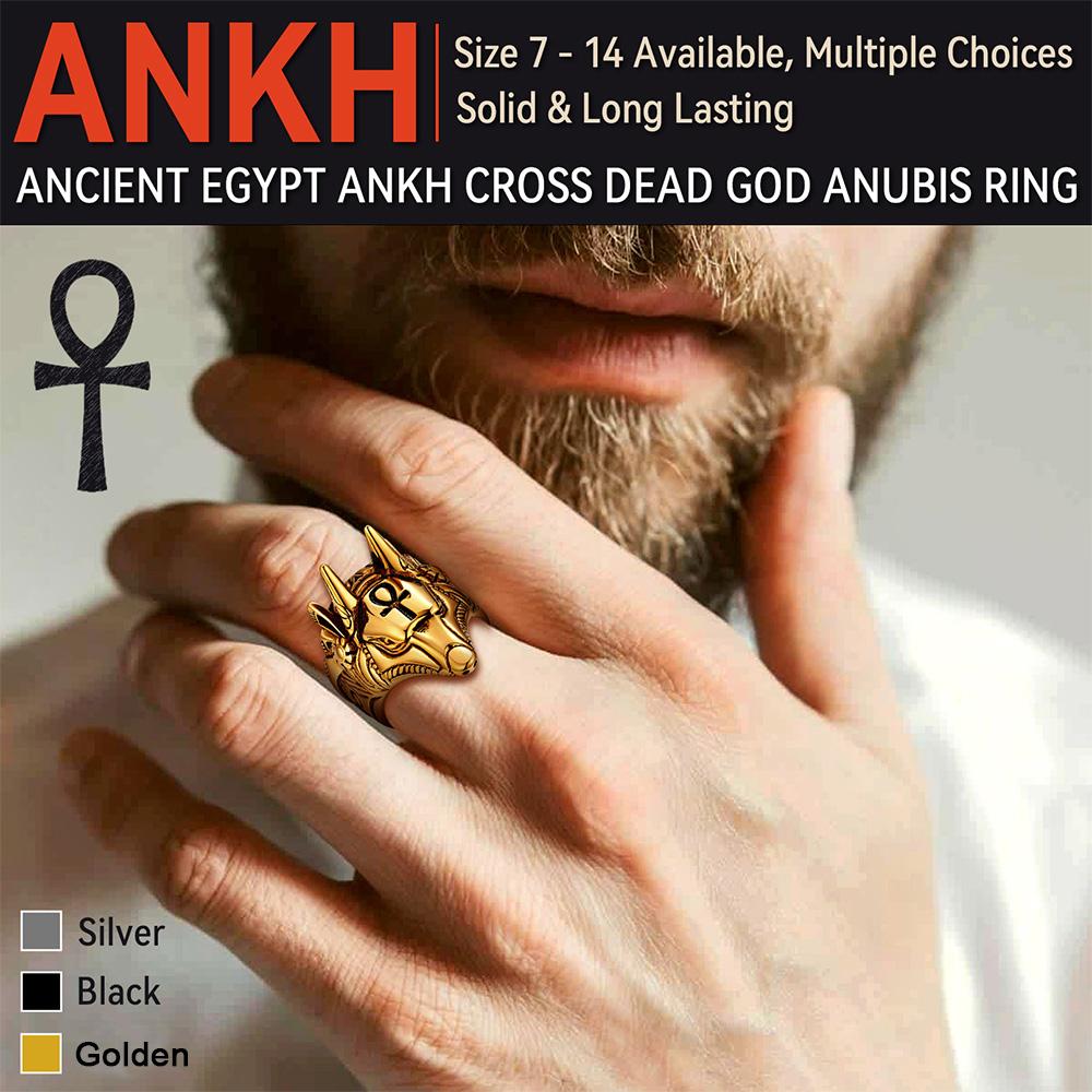 U7 Anubis Rings Vintage Ankh Cross Amulet Chunky Ring Ancient Egyptian Jewelry for Men