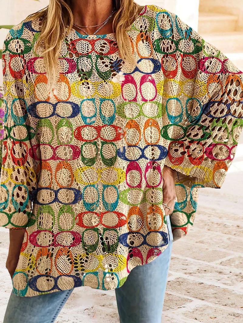 Geometric Colorblock Long Sleeve Knit Top, Casual Elegant Vacation Style Sweater, Knitwear, Loose Batwing Shoulders, Spring Summer Fall Women's Clothing