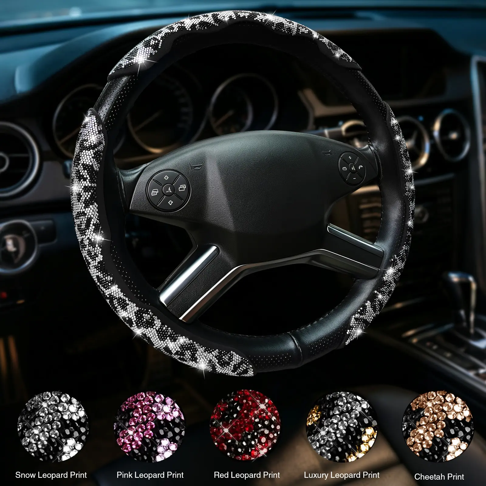 Bling Queen Bling Leopard Steering Wheel Cover, Crystal Rhinestone Cheetah Car Decor for Women Girls, Cute Car Accessories for Truck SUV