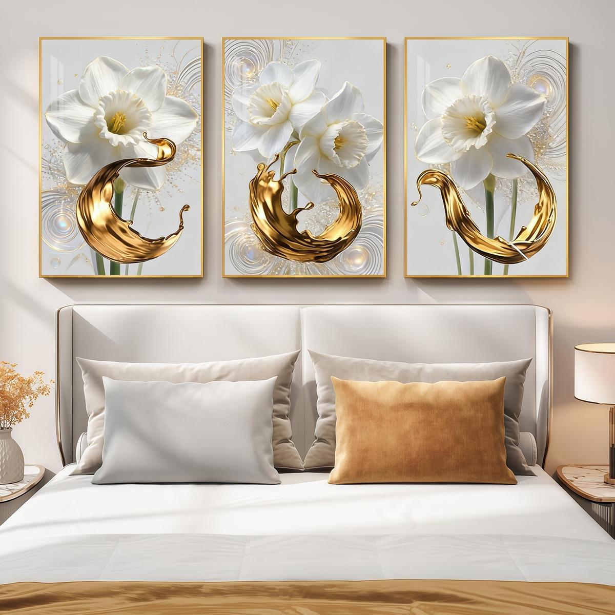 3 Counts Aluminum Alloy Framed Painting, White Daffodil Flowers With Golden Liquid Art Pictures, Home Decoration For Living Room, Bedroom, Office, Restaurant, Hallway Wall Decor, Odorless Print Artwork, Luxury Perfect Gift For Friends And Family