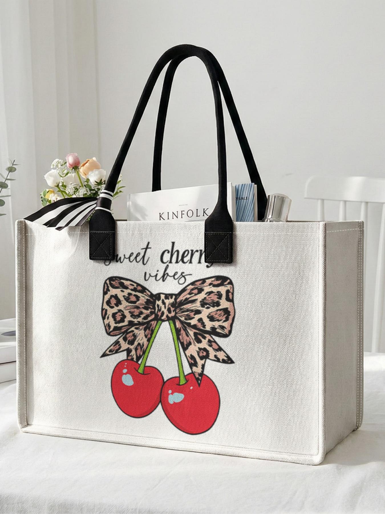 1 piece of cherry and leopard print bow + Sweet Cherry Vibes 2D printed large capacity storage bag, extra large storage bag, sturdy handle, space-saving multi-purpose, suitable for use at school, on business trips, and shopping