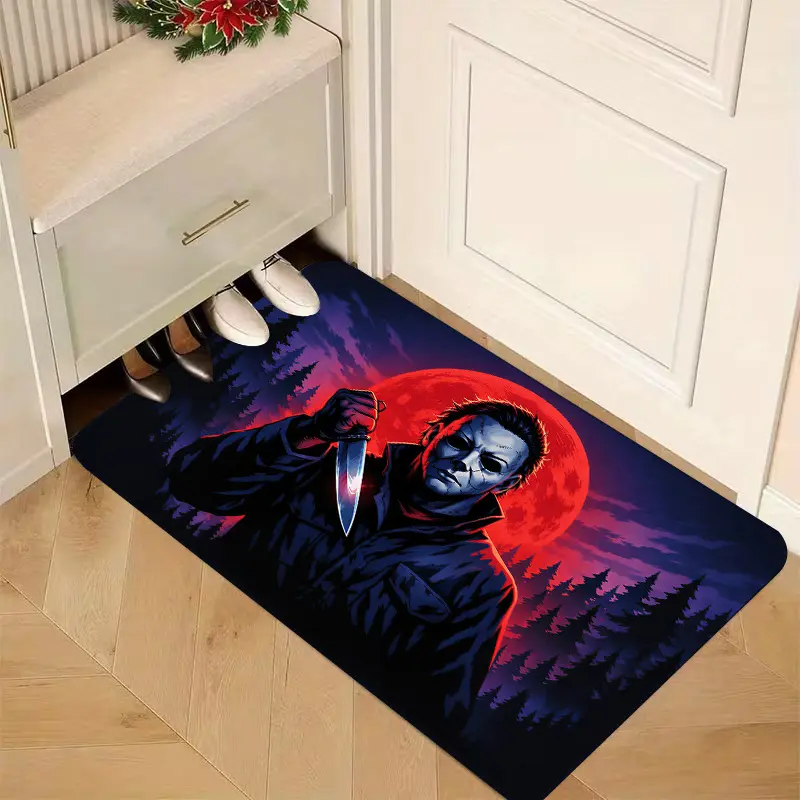 Flannel Floor Mat 1-piece, 2D flat printing, horror moonlight killer entrance doormat, colorful non-slip, machine washable polyester carpet, suitable for home decoration, entryways, hallways, bathrooms, and balconies