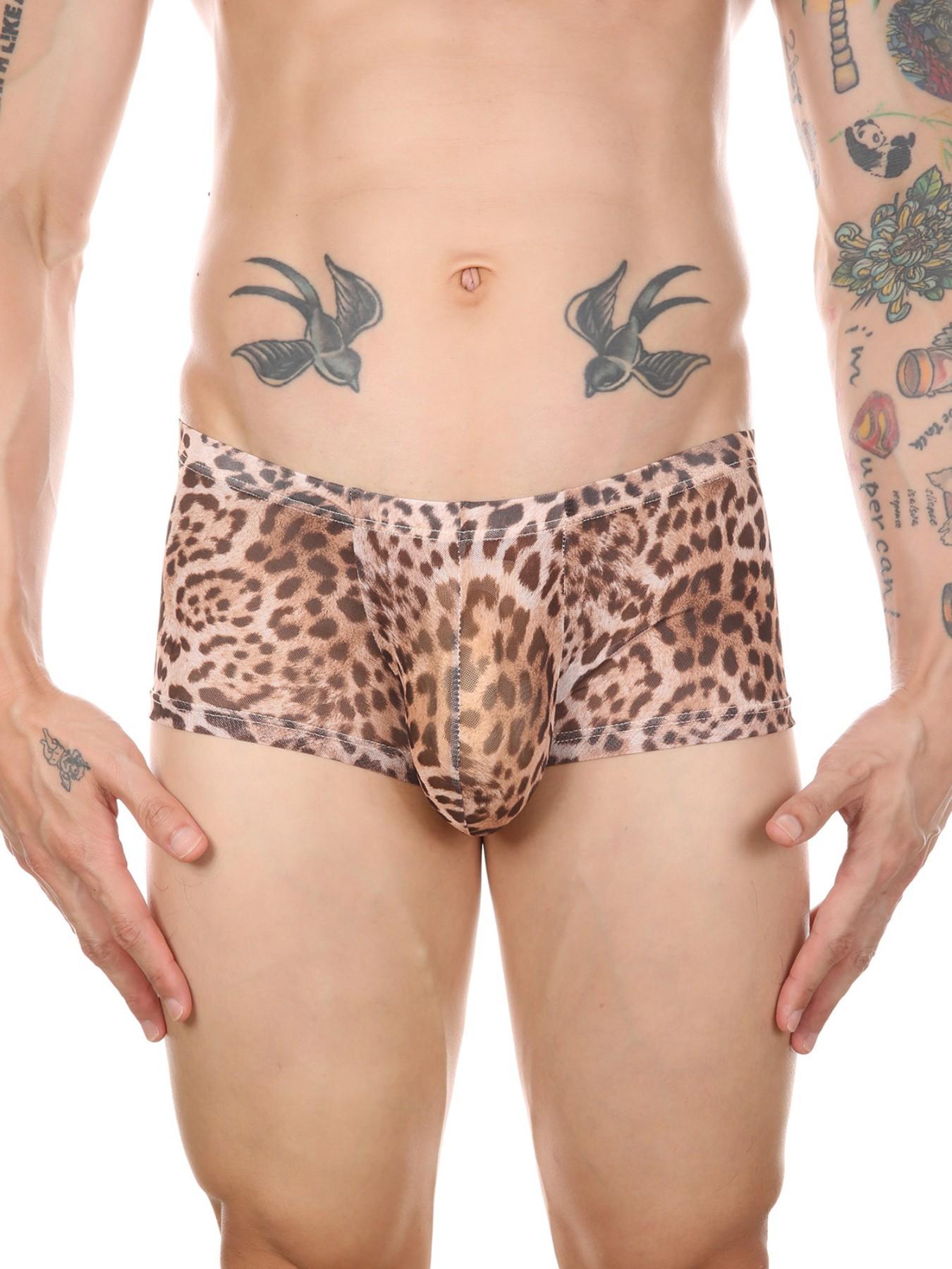 Men's Leopard Print Mesh Boxer Briefs Breathable Slim Fit Fashion Underwear