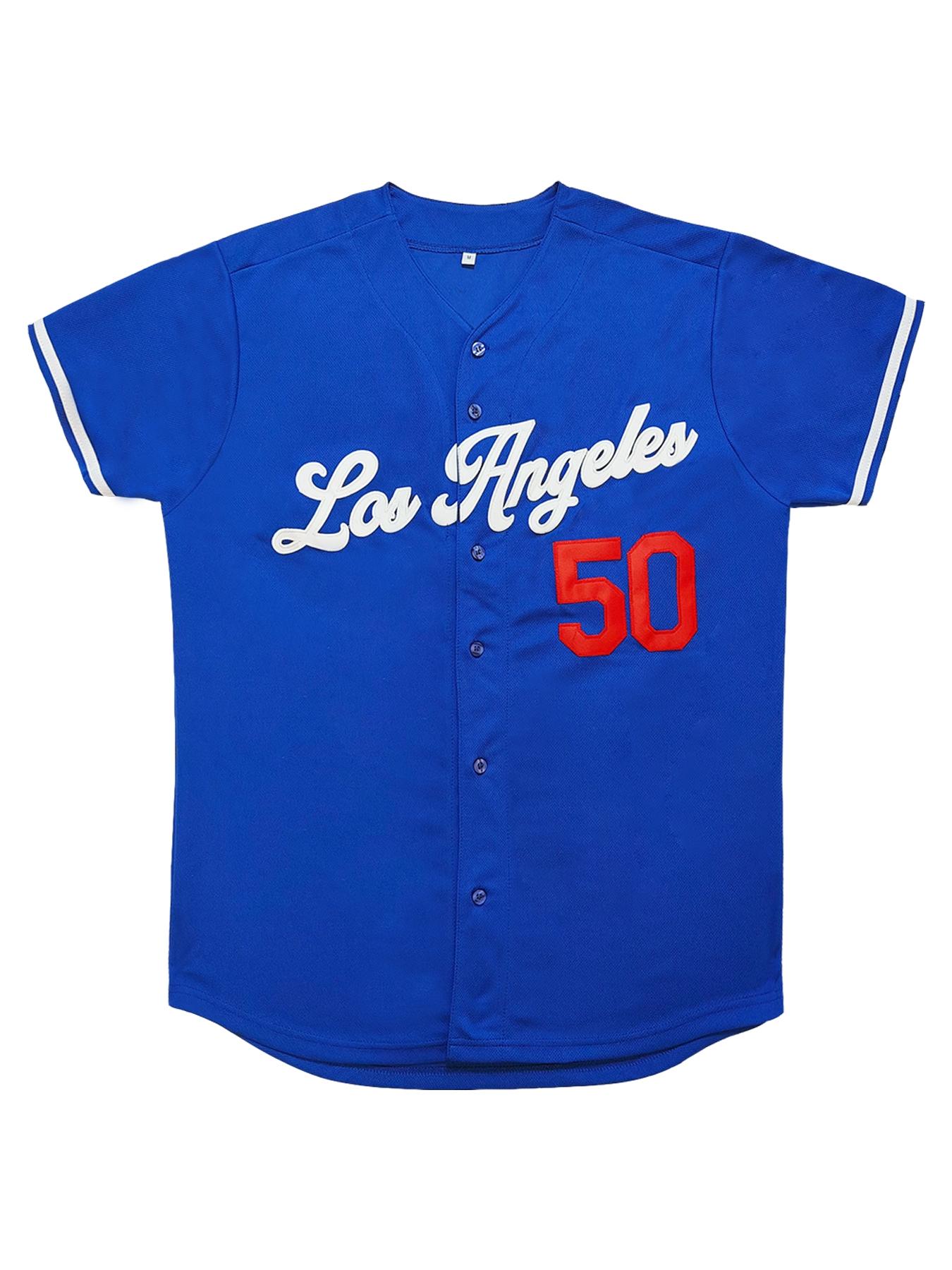 Men's #50 "Los Angeles" Embroidery Baseball Jersey, Loose V-Neck Short Sleeve Button-Up Sportwear Suitable For Street Hip-Hop, Baseball, Golf Training, Sports Top, Streetwear, Sportswear Top