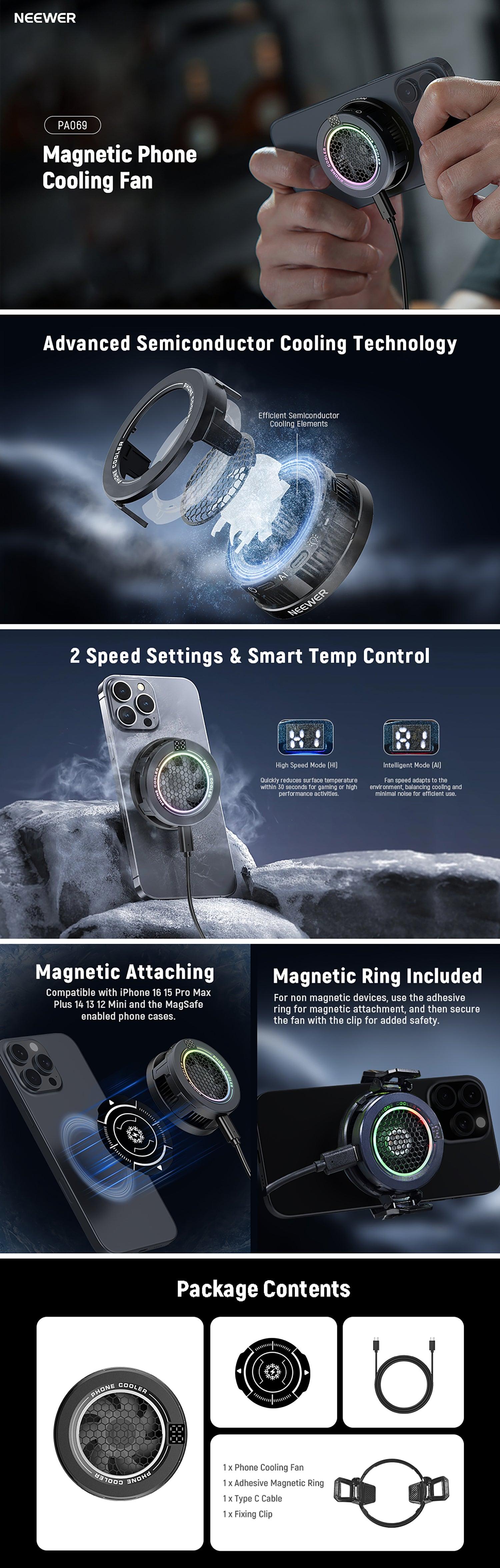 NEEWER BASICS PA069 Magnetic Phone Cooler, Low Noise Cell Phone USB Cooling Fan with Smart Temp Control, RGB Light, Magnetic Ring & Clip Compatible with iPhone 15 16 Pro Max MagSafe Samsung iPad for Gaming