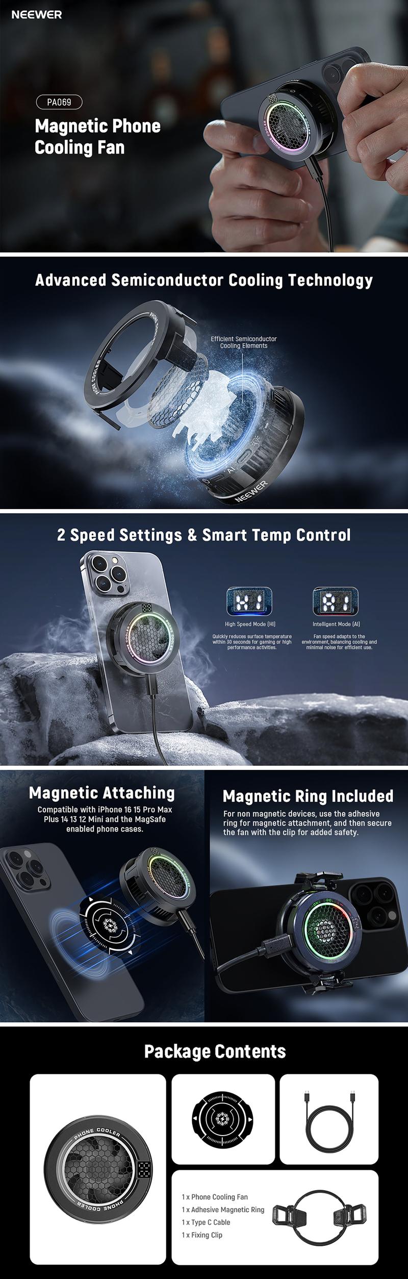 NEEWER BASICS PA069 Magnetic Phone Cooler, Low Noise Cell Phone USB Cooling Fan with Smart Temp Control, RGB Light, Magnetic Ring & Clip Compatible with iPhone 15 16 Pro Max MagSafe Samsung iPad for Gaming