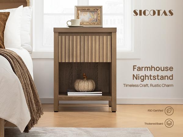 SICOTAS Fluted Night Stand Set of 2, Farmhouse Bedside Tables with Drawer and Open Shelf – Boho Bedroom Nightstands for Storage, Large End Tables with Vintage Design, Sturdy Engineered Wood Accent Furniture for Home Decor