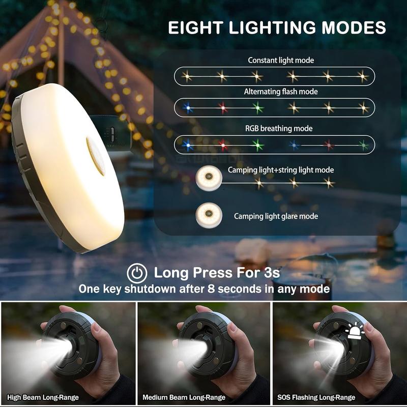 Camping String Lights, 4 in 1 Quick Storage 33FT Rechargeable Tent Lights String with 8 Lighting Modes, Hanging Waterproof Portable LED Lamp for Outdoor Patio Awning Party Essentials Camping String Lights, 4 in 1 Quick Storage 33FT Rechargeable Tent Lights String with 8 Lighting Modes, Hanging Waterproof Portable LED Lamp for Outdoor Patio Awning Party Essentials