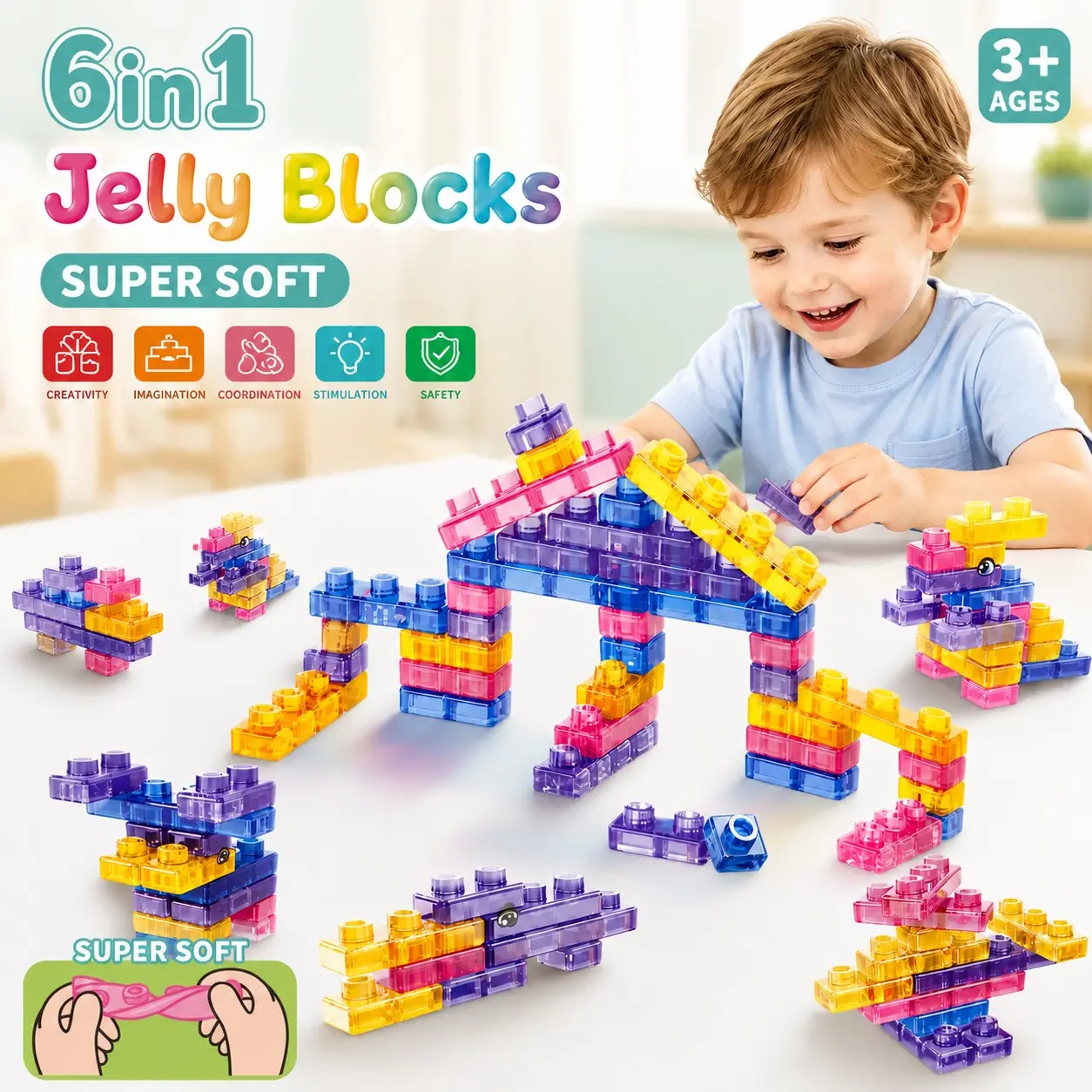 40pcs Jelly Block Building Toys, Soft Gel Puzzle Set, Transparent Sensory Stacking Game, Stem Educational Blocks, Gift for Kids Aged 3+