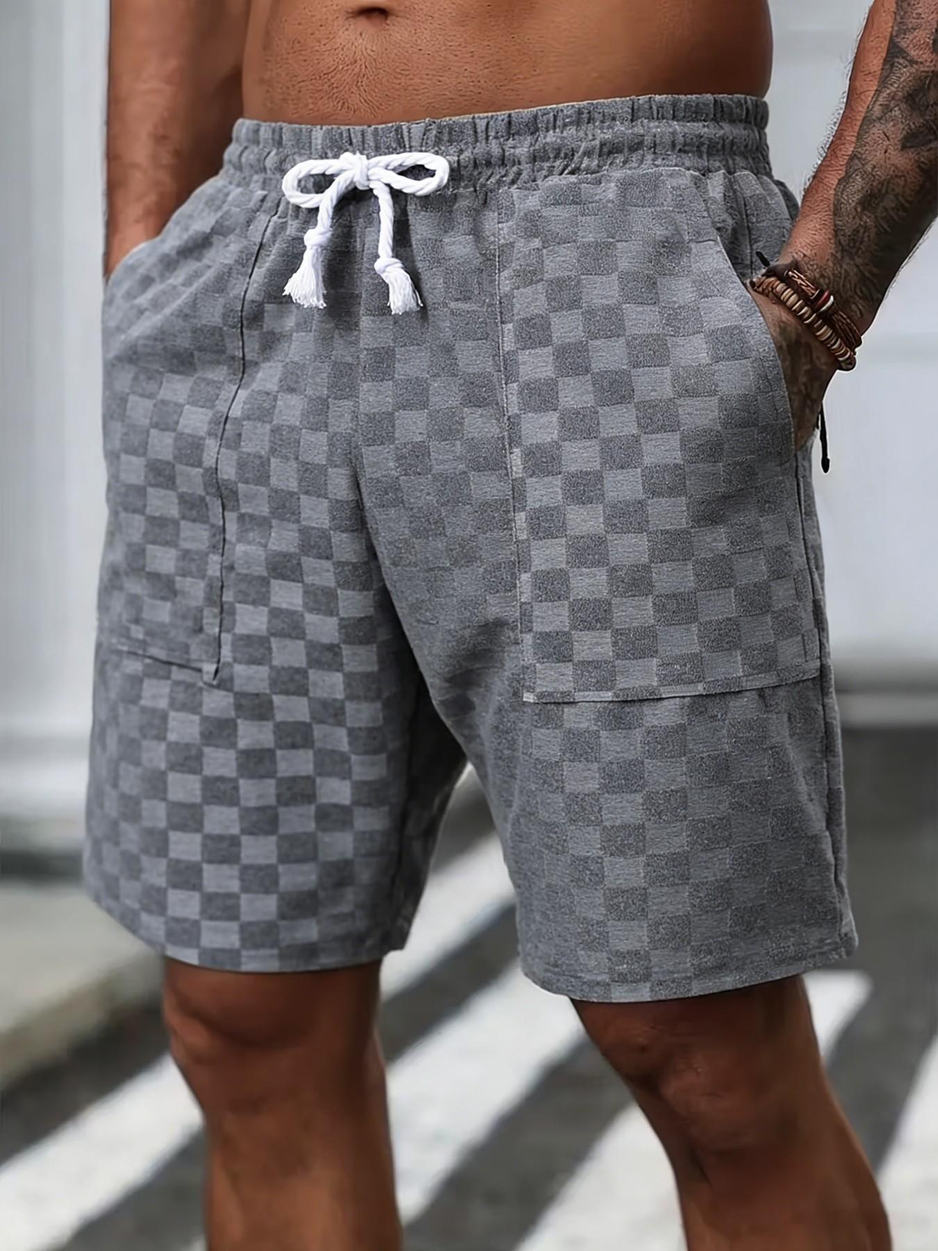 Men's Waffle Check Casual Shorts, Breathable Skin-Friendly Loose Fit Straight Leg Five-Quarter Pants, Daily Commute Versatile Beachwear