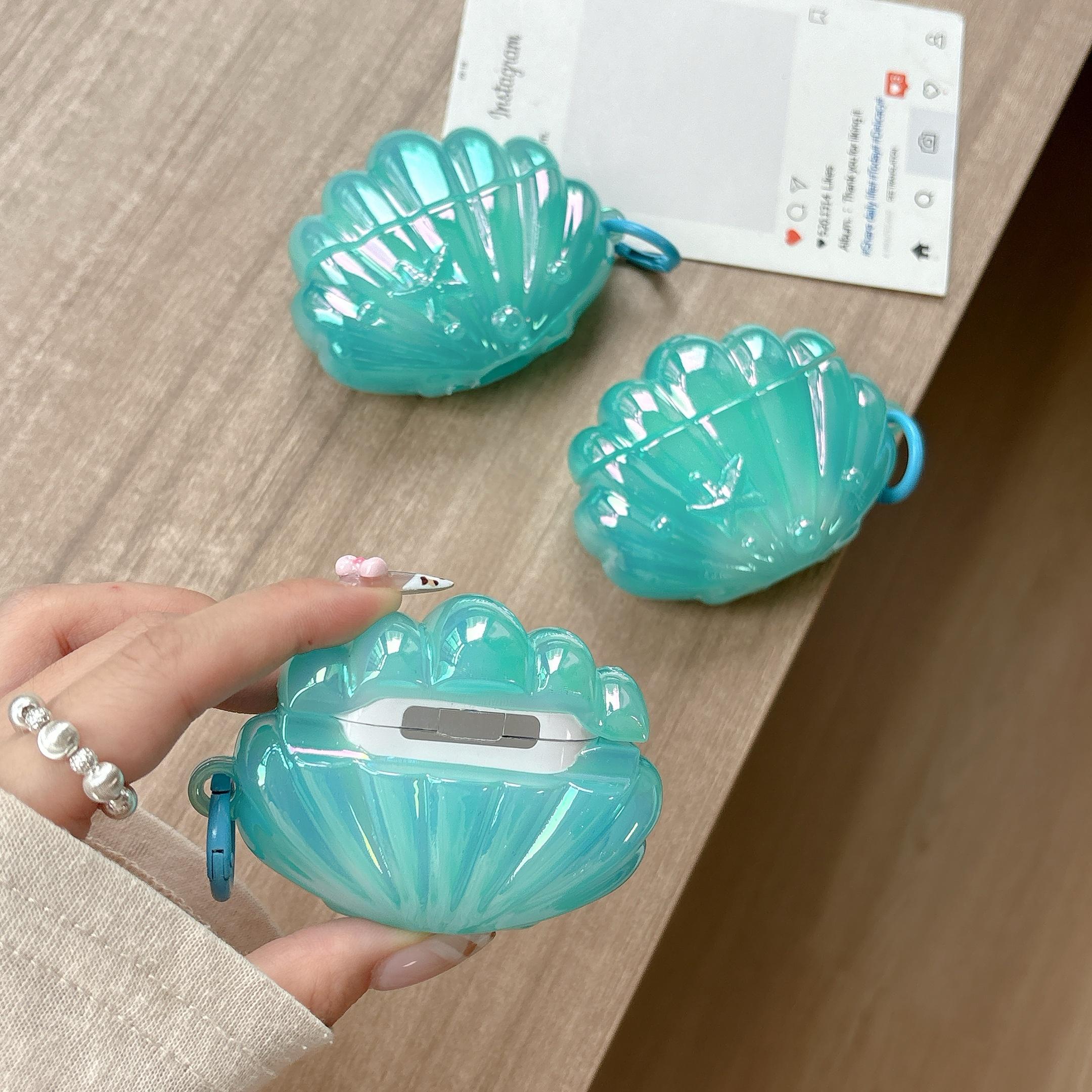 AirPods 4 & Pro3 Earphone Case, Blue Shell Style, Electroplating Process, Protective Case for Girls, Sea Shell Pendant Design