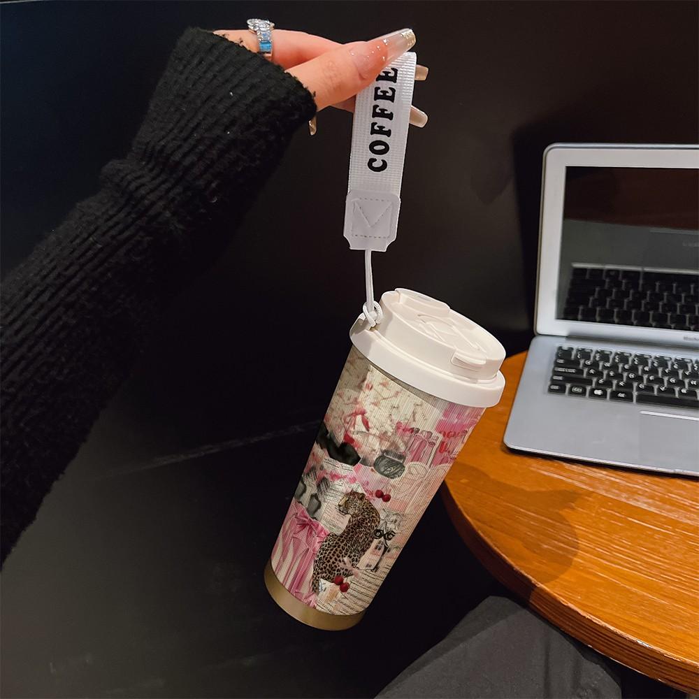 Abstract Leopard Print Coffee Cup, Portable Dual Drink Insulated Tumbler, Keeps Hot/cold, Boho Style, Ideal for Office, Travel, Sports