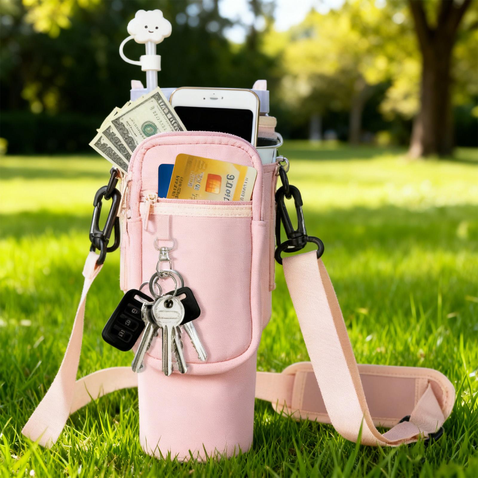 Water bottle carrier bag with shoulder strap, Drink Carrier, multi-pocket tumbler holder fit for 30–40oz tumblers, large capacity storage for phone, cards, keys and cash, durable portable cup sleeve for walking, travel, gym and daily use