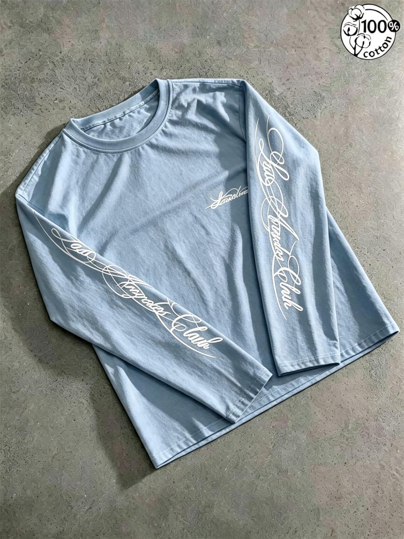 Unisex 100% Cotton Multi-Color Vertical Sleeve Script Lettering Long Sleeve Tee Mini Chest Logo Chicano American Streetwear Oversized Casual Top