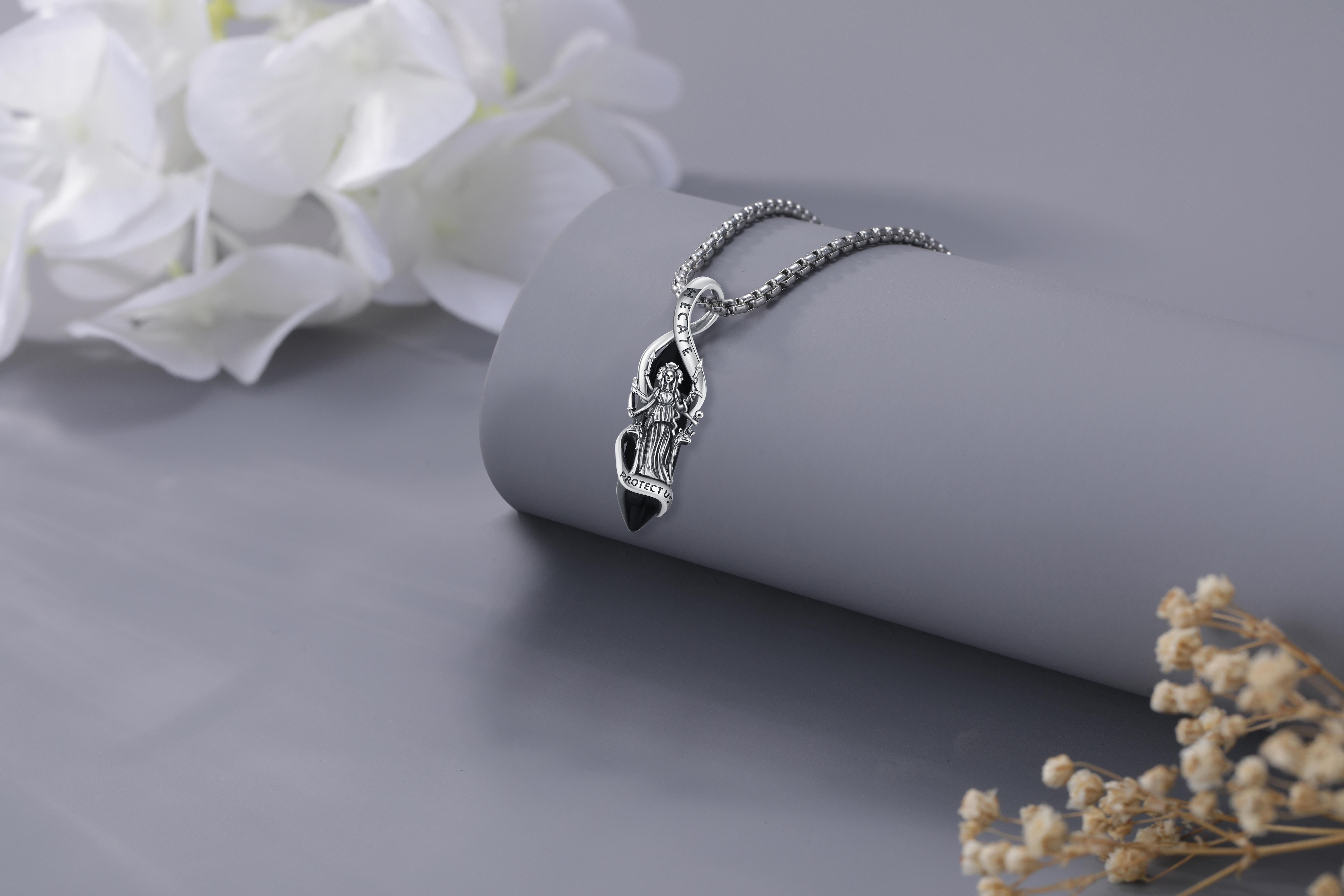 DRINSPER Obsidian S925 Hecate Necklace, The Goddess of Magic Night and Witchcraft, Devotion Jewelry, 925 Sterling Silver Pendant with Obsidian Gemstone, Acient Greek Mythology Jewelry for Pagan for Women