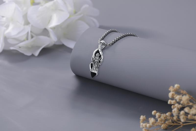 DRINSPER Obsidian S925 Hecate Necklace, The Goddess of Magic Night and Witchcraft, Devotion Jewelry, 925 Sterling Silver Pendant with Obsidian Gemstone, Acient Greek Mythology Jewelry for Pagan for Women