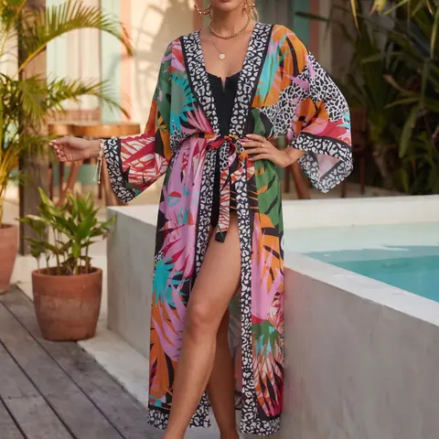 Women's Plants Print Belted Cover-Up, Bohemian Cover Up, Boho Long Sleeve Open Front Cardigan Kimono for Beach Vacation, Casual Swimsuit Coverup for All Seasons