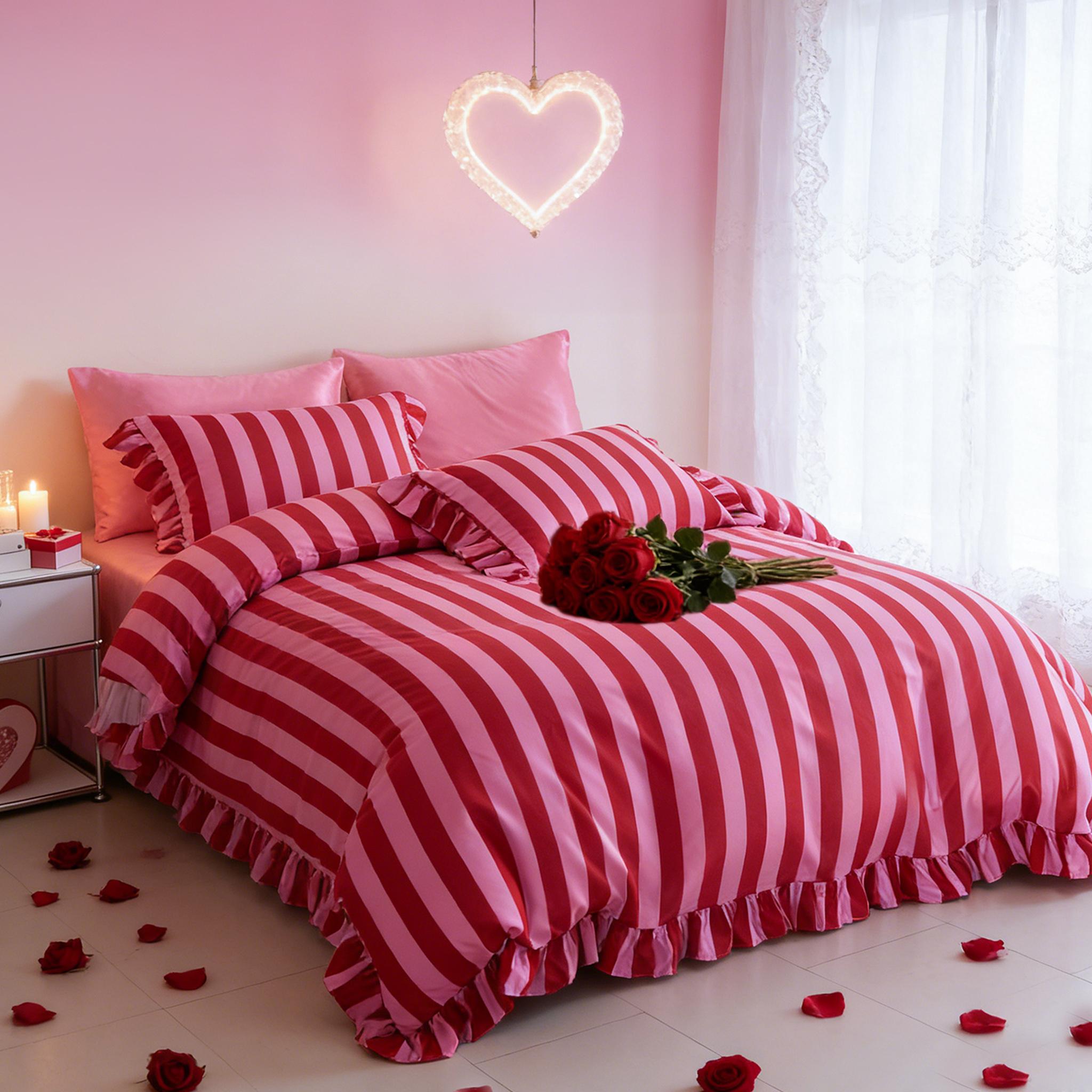 Striped Print Ruffled Soft Bedding Set, Includes 1 Duvet Cover + 2 Pillowcases, Inserts Not Included Stylish Cozy Bedding for Couple Bedroom, Ideal Valentine's Day Gift