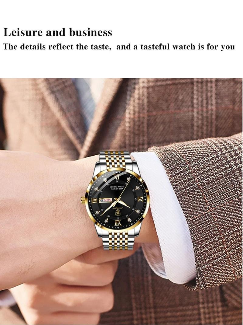 Men's Stainless Steel Analog Quartz Watch, Waterproof Luminous Display, Day & Date Function, Stylish Business Design for Daily Wear, Business Fashion Watches