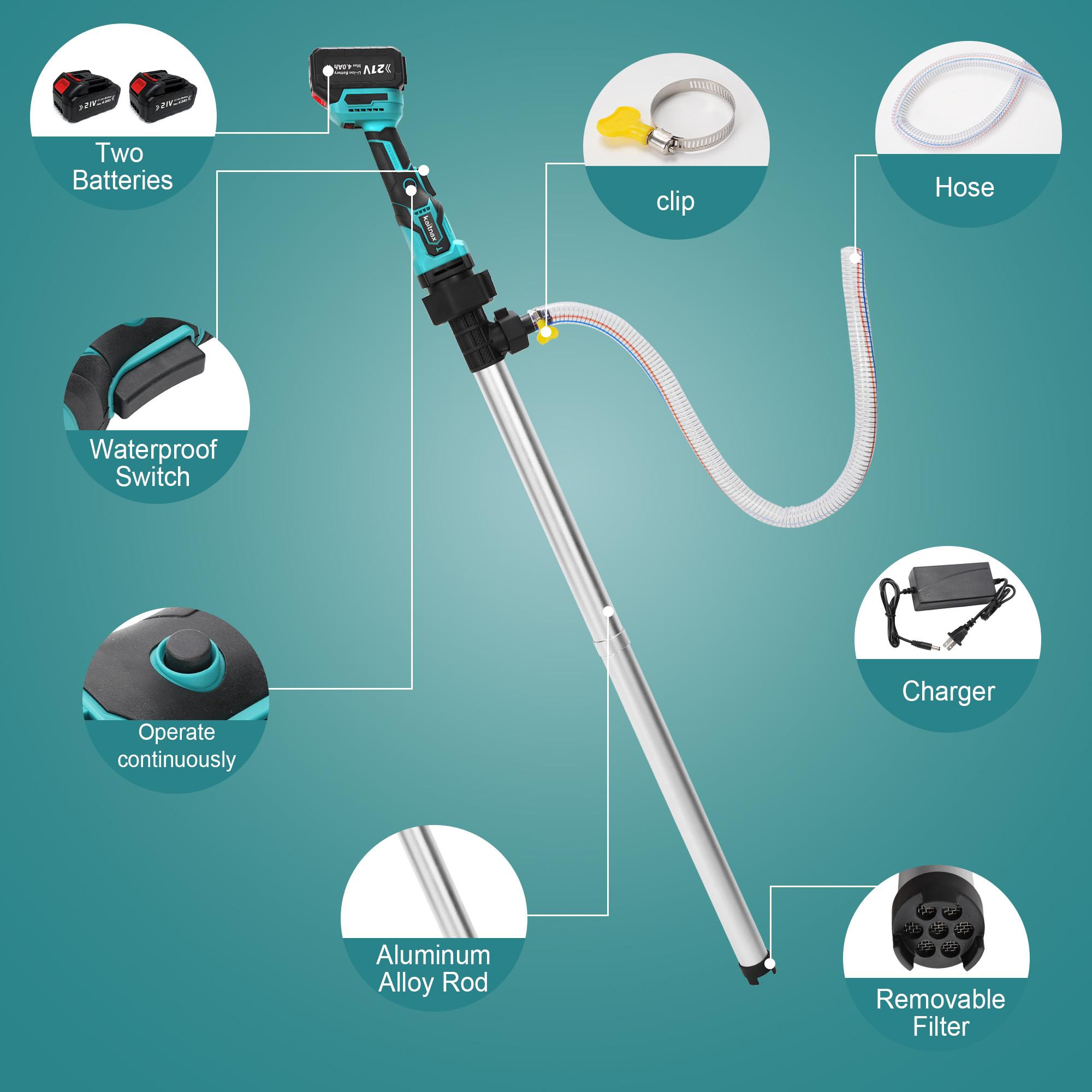 Kaitnax Cordless Stick Water Transfer Pump, with 4000mAh 21V Battery & Charger, 720GPH, 32FT Head, Handheld Portable Utility Sump Pump Kit with 3/4" Outlet for Pool/Garden/Pond/RV/Boat Draining Kaitnax Cordless Stick Water Transfer Pump, with 4000mAh 21V Battery & Charger, 720GPH, 32FT Head, Handheld Portable Utility Sump Pump Kit with 3/4" Outlet for Pool/Garden/Pond/RV/Boat Draining